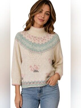 Vintage JAMIE SCOTT Hand Knit Mock Neck Fair Isle Sweater. Cream/pink Blue.M NWT